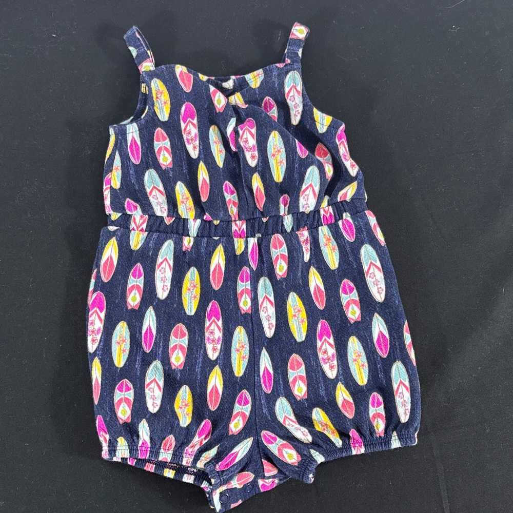 Navy Surfboard Print Girls' Sleeveless Romper with Pink & Yellow Accents